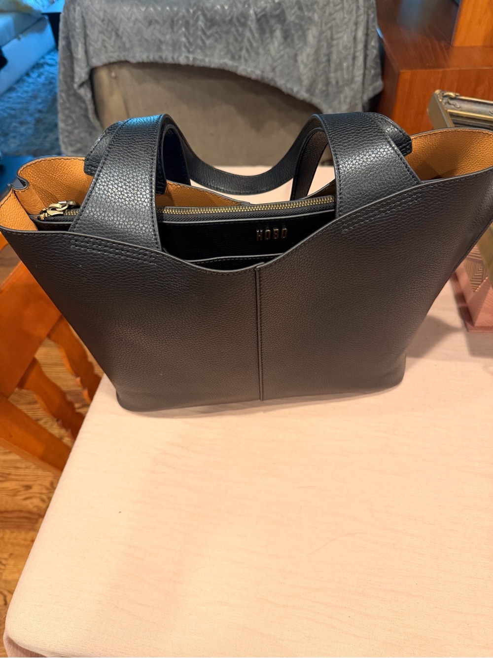 HOBO Black Pebbled Leather Tote with Tan Interior Trim